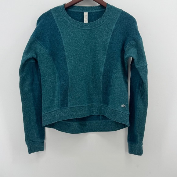 ALO Yoga Tops - Alo Yoga Womens Teal Heathered Paneled Crewneck Sweatshirt Size S High Low Hem